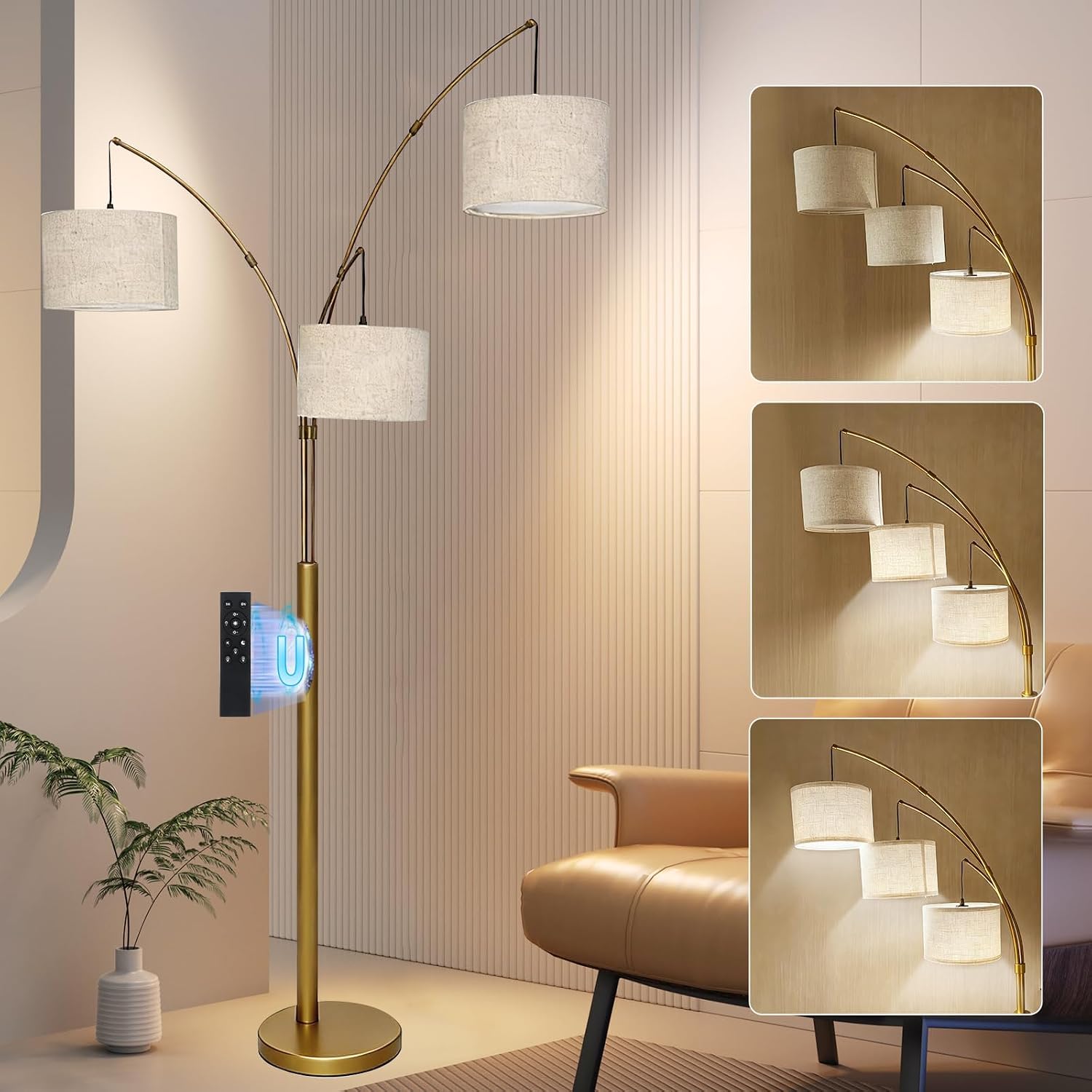 3-Light Arc Floor Lamp with Remote, 2400LM