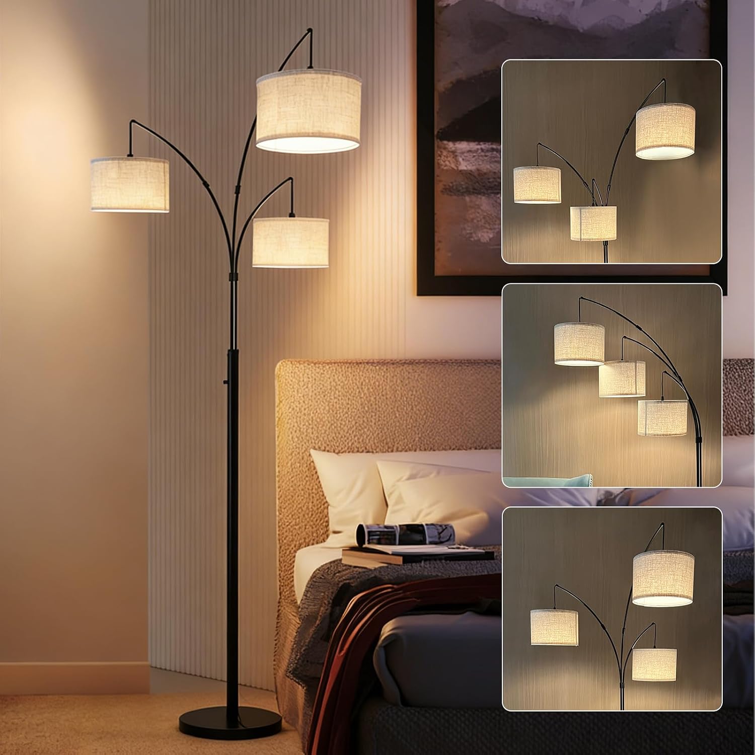 3-Light Arc Floor Lamp, Rotary Knob, 1500LM