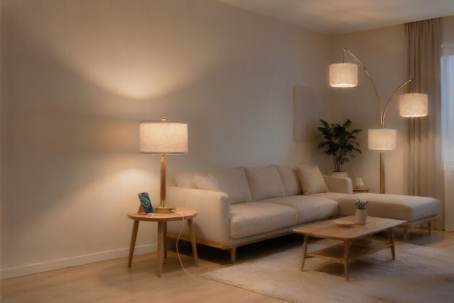 Anrotix three-head arc floor lamp and wood USB table lamp in a living-room