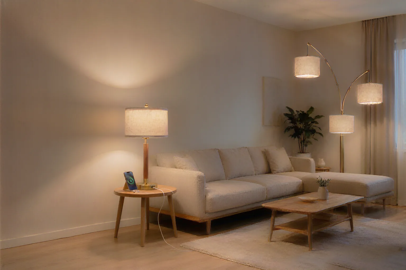 Anrotix three-head arc floor lamp and wood USB table lamp in a living-room