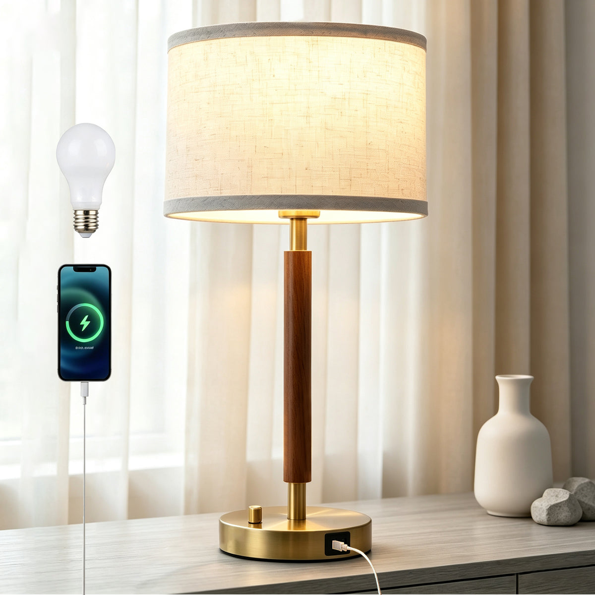 Wood Table Lamp with USB Port and AC Outlet