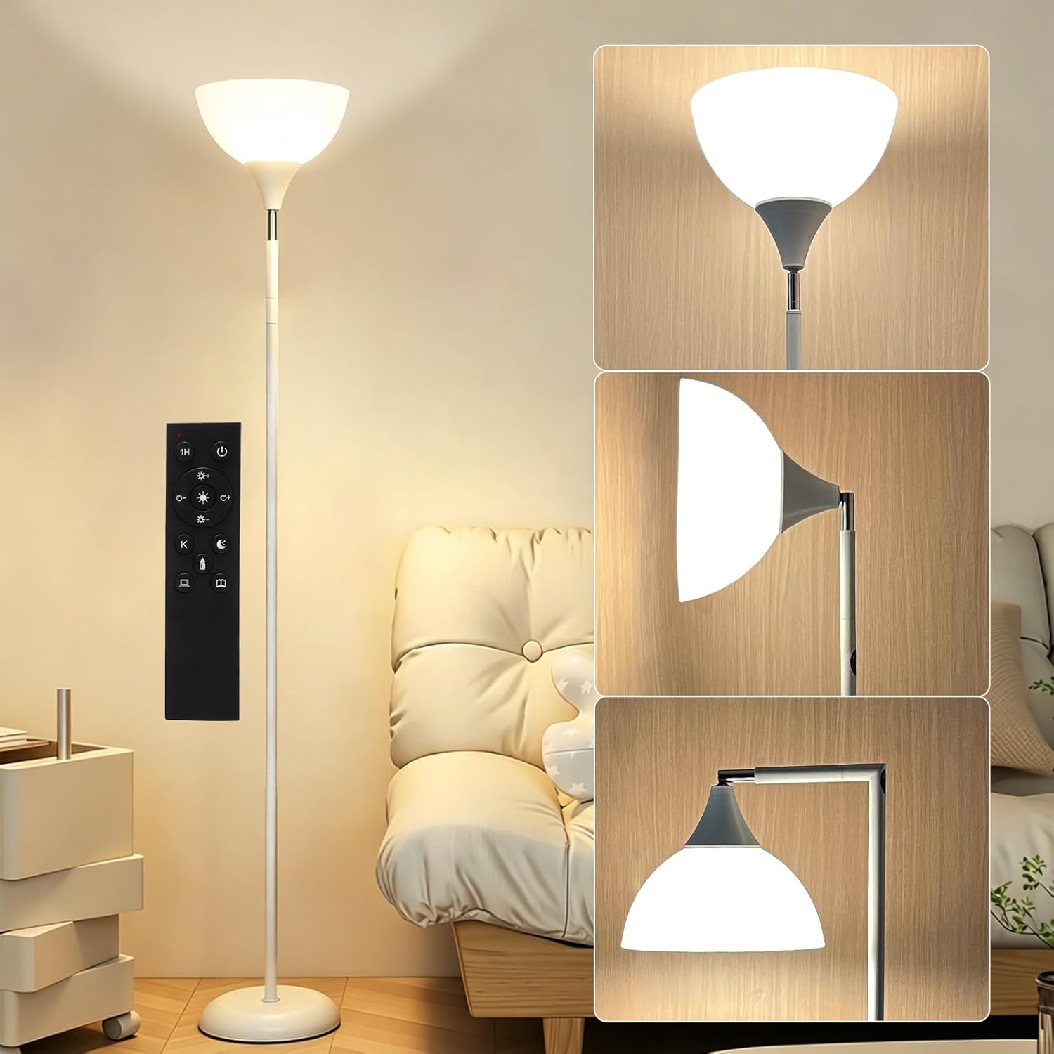 76 in Torchiere Floor Lamp with 90° Foldable Head, Remote