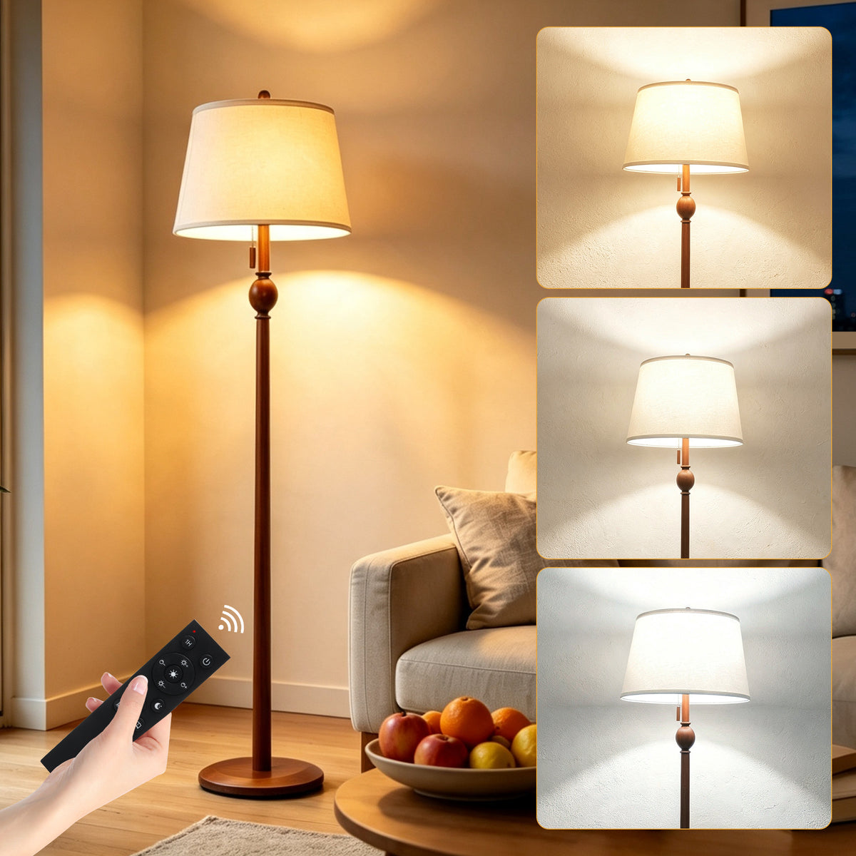 Solid Wood LED Floor Lamp, 3 Colour Lights